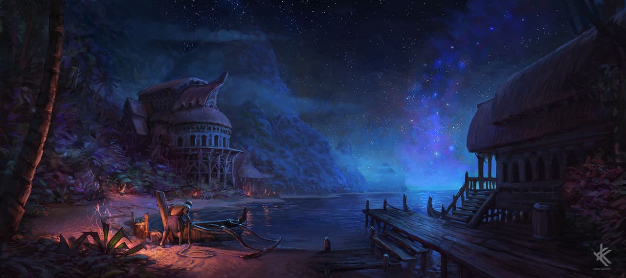 Man on an Island at Night, Pushing His Boat into the Water